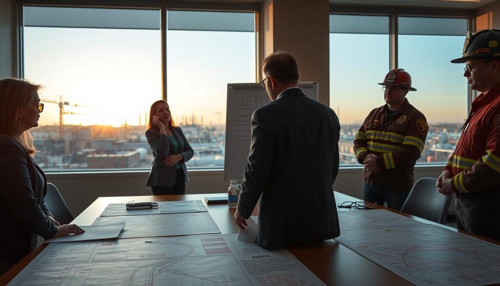 A collaborative scene depicting a Tier II coordination meeting, showcasing a local emergency planning committee (LEPC) and fire department officials. In the foreground, three professionals in business attire engage in discussion over a conference table filled with large maps and documents related to pre-incident planning for industrial waste management. The middle ground features a large whiteboard with diagrams and notes emphasizing safety protocols. In the background, a window reveals a view of an industrial area, under clear skies with a hint of sunset lighting, casting a warm glow over the room. The atmosphere is focused and serious, highlighting the importance of safety and compliance in emergency preparedness discussions.