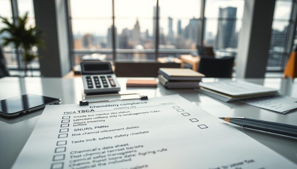 A detailed and organized TSCA chemical inventory compliance checklist, displayed on a modern, sleek desk. In the foreground, a checklist paper featuring bullet points and checkboxes, illustrated with clear, concise icons for each section related to inventory status, SNURs, PMNs, and risk management rules. The middle ground should include a professional-looking calculator and a few chemical safety data sheets, all neatly arranged. In the background, a bright, well-lit office space with a large window showcasing a cityscape, emphasizing a professional atmosphere. Soft, natural light filters through, casting gentle shadows, while the overall mood conveys diligence and compliance in an industrial setting.