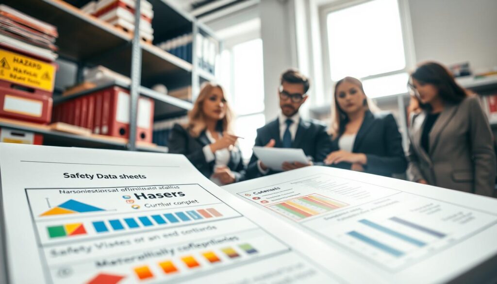 A detailed and organized workspace featuring a professional safety data sheet compliance documentation scene. In the foreground, a close-up of a well-organized binder labeled "Safety Data Sheets", revealing clear, colorful graphs and hazard symbols on the pages. In the middle, a diverse group of four professionals in business attire, intently discussing the document, with one pointing at a specific section, looking engaged and serious. The background includes shelves filled with neatly arranged binders and safety compliance materials. Bright, natural light filters in through a window, creating a focused atmosphere. The angle captures the essence of teamwork and compliance, conveying professionalism and diligence in understanding safety data sheets. A detailed and organized workspace featuring a professional safety data sheet compliance documentation scene. In the foreground, a close-up of a well-organized binder labeled "Safety Data Sheets", revealing clear, colorful graphs and hazard symbols on the pages. In the middle, a diverse group of four professionals in business attire, intently discussing the document, with one pointing at a specific section, looking engaged and serious. The background includes shelves filled with neatly arranged binders and safety compliance materials. Bright, natural light filters in through a window, creating a focused atmosphere. The angle captures the essence of teamwork and compliance, conveying professionalism and diligence in understanding safety data sheets.