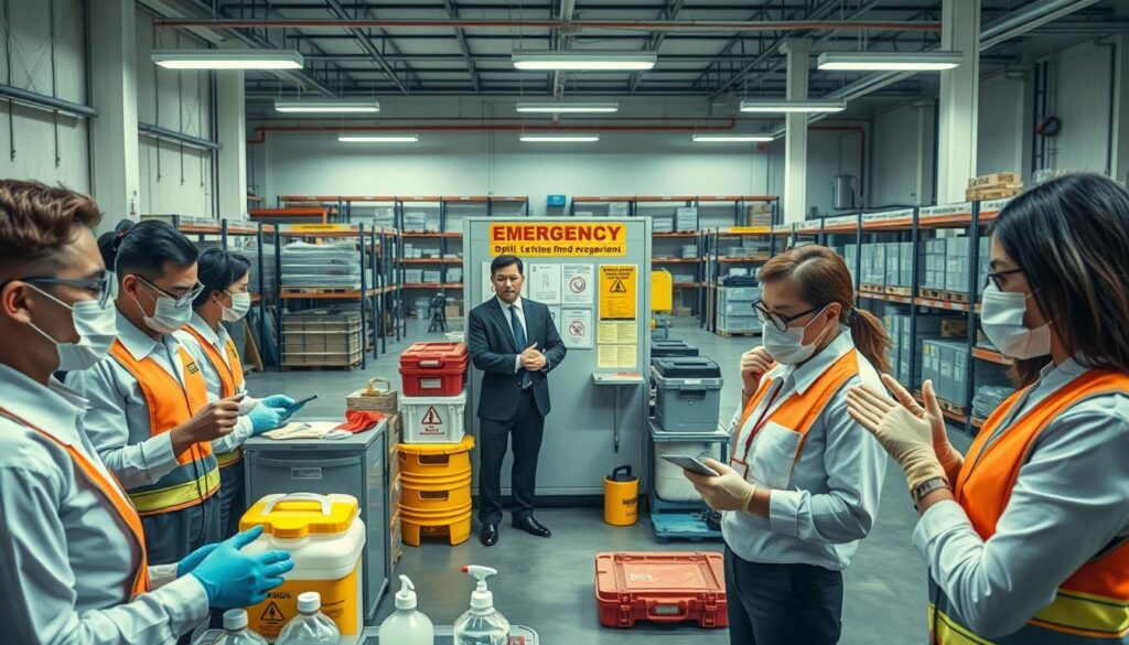 A detailed and vivid depiction of emergency procedures for chemical safety in an industrial setting. In the foreground, a diverse group of professionals in business attire demonstrates safety protocols, wearing gloves and goggles while handling hazardous materials responsibly. In the middle ground, a well-organized emergency station is equipped with safety kits, spill containment tools, and signage highlighting safety procedures. The background shows a warehouse filled with labeled chemical storage areas, with clear safety signage on the walls. Soft, diffused lighting illuminates the scene, creating a serious yet focused atmosphere. A slightly elevated angle captures the urgency and diligence of the professionals as they engage in these critical safety measures. A detailed and vivid depiction of emergency procedures for chemical safety in an industrial setting. In the foreground, a diverse group of professionals in business attire demonstrates safety protocols, wearing gloves and goggles while handling hazardous materials responsibly. In the middle ground, a well-organized emergency station is equipped with safety kits, spill containment tools, and signage highlighting safety procedures. The background shows a warehouse filled with labeled chemical storage areas, with clear safety signage on the walls. Soft, diffused lighting illuminates the scene, creating a serious yet focused atmosphere. A slightly elevated angle captures the urgency and diligence of the professionals as they engage in these critical safety measures.