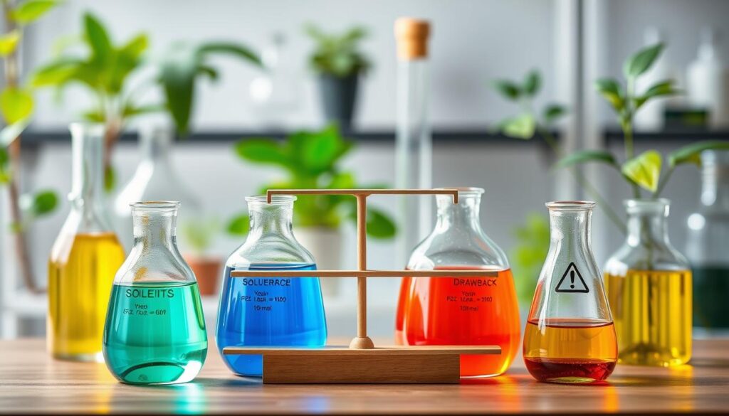 A detailed comparison of sustainable solvent alternatives, with three distinct sections highlighted in a visually engaging layout. In the foreground, place clear glass beakers filled with vibrant, eco-friendly solvents, showcasing colors like green, blue, and amber. In the middle ground, show a balanced scale weighing the pros and cons of each solvent, using illustrated icons for benefits (like a leaf symbol) and drawbacks (like a caution sign). The background should feature a laboratory setting with greenery, symbolizing sustainability. Utilize soft, natural lighting to create an inviting atmosphere, with a focus on clarity and professionalism. Angled slightly from above, the shot conveys an informative perspective while emphasizing the importance of choosing eco-friendly chemical solutions. A detailed comparison of sustainable solvent alternatives, with three distinct sections highlighted in a visually engaging layout. In the foreground, place clear glass beakers filled with vibrant, eco-friendly solvents, showcasing colors like green, blue, and amber. In the middle ground, show a balanced scale weighing the pros and cons of each solvent, using illustrated icons for benefits (like a leaf symbol) and drawbacks (like a caution sign). The background should feature a laboratory setting with greenery, symbolizing sustainability. Utilize soft, natural lighting to create an inviting atmosphere, with a focus on clarity and professionalism. Angled slightly from above, the shot conveys an informative perspective while emphasizing the importance of choosing eco-friendly chemical solutions.