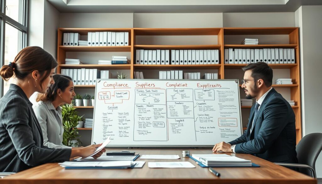A detailed compliance audit process scene in a modern office setting. In the foreground, a diverse group of three professionals in business attire (two women, one man) are engaged in discussion, reviewing documents and charts on a conference table. The middle layer features a large whiteboard with flowcharts and compliance checklists highlighted, showcasing the supplier vetting process. In the background, shelves filled with industry manuals and regulatory guidelines are visible, enhancing the professional atmosphere. Soft, natural lighting from a large window casts light on the scene, creating a focused and serious mood. The image should capture a sense of diligence and teamwork, illustrating the importance of compliance in supplier audits. A detailed compliance audit process scene in a modern office setting. In the foreground, a diverse group of three professionals in business attire (two women, one man) are engaged in discussion, reviewing documents and charts on a conference table. The middle layer features a large whiteboard with flowcharts and compliance checklists highlighted, showcasing the supplier vetting process. In the background, shelves filled with industry manuals and regulatory guidelines are visible, enhancing the professional atmosphere. Soft, natural lighting from a large window casts light on the scene, creating a focused and serious mood. The image should capture a sense of diligence and teamwork, illustrating the importance of compliance in supplier audits.