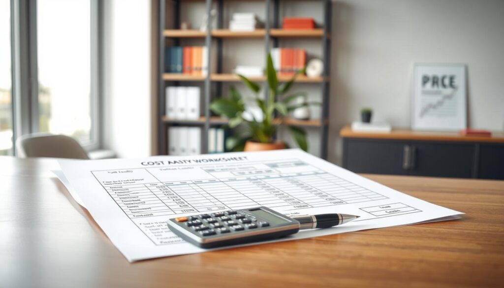 A detailed cost analysis worksheet example displayed as a printed document on a sleek wooden tabletop. In the foreground, the worksheet is filled with meticulously organized sections for total cost of ownership, including clear graphs and figures. In the middle, a high-quality calculator and a stylish pen rest beside the worksheet. The background features a soft-focus office environment with shelves holding industry-related books and a potted plant, creating a professional atmosphere. The lighting is bright and natural, coming from a large window to the left, highlighting the details of the worksheet. The camera is angled slightly above, giving a clear view of the content, evoking a sense of precision and focus on cost management in procurement. A detailed cost analysis worksheet example displayed as a printed document on a sleek wooden tabletop. In the foreground, the worksheet is filled with meticulously organized sections for total cost of ownership, including clear graphs and figures. In the middle, a high-quality calculator and a stylish pen rest beside the worksheet. The background features a soft-focus office environment with shelves holding industry-related books and a potted plant, creating a professional atmosphere. The lighting is bright and natural, coming from a large window to the left, highlighting the details of the worksheet. The camera is angled slightly above, giving a clear view of the content, evoking a sense of precision and focus on cost management in procurement.