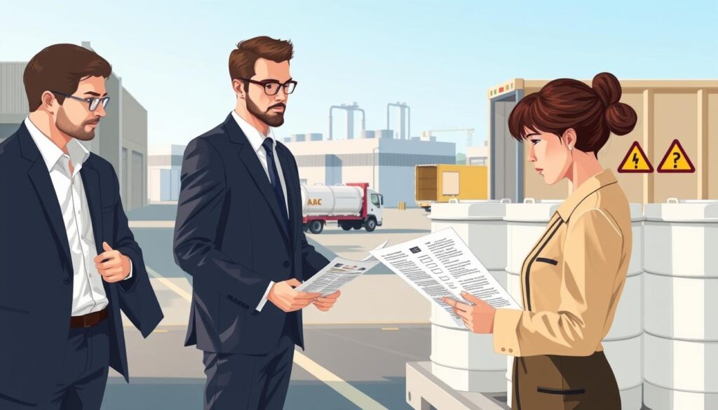 A detailed illustration of a chemical transport compliance scene, showcasing professionals in business attire meticulously reviewing regulatory documents. In the foreground, a diverse team of three individuals—two men and one woman—examines a checklist while standing near securely sealed chemical containers on a loading dock. Their expressions convey focus and determination. In the middle ground, a transport vehicle is parked, with safety symbols clearly visible on its side, and a backdrop of industrial warehouses. Soft, natural lighting creates a clear and professional atmosphere, emphasizing the importance of safety and compliance. The camera angle is slightly elevated, capturing a wide view of the scene, ensuring the regulatory theme is prominent and visually engaging. A detailed illustration of a chemical transport compliance scene, showcasing professionals in business attire meticulously reviewing regulatory documents. In the foreground, a diverse team of three individuals—two men and one woman—examines a checklist while standing near securely sealed chemical containers on a loading dock. Their expressions convey focus and determination. In the middle ground, a transport vehicle is parked, with safety symbols clearly visible on its side, and a backdrop of industrial warehouses. Soft, natural lighting creates a clear and professional atmosphere, emphasizing the importance of safety and compliance. The camera angle is slightly elevated, capturing a wide view of the scene, ensuring the regulatory theme is prominent and visually engaging.