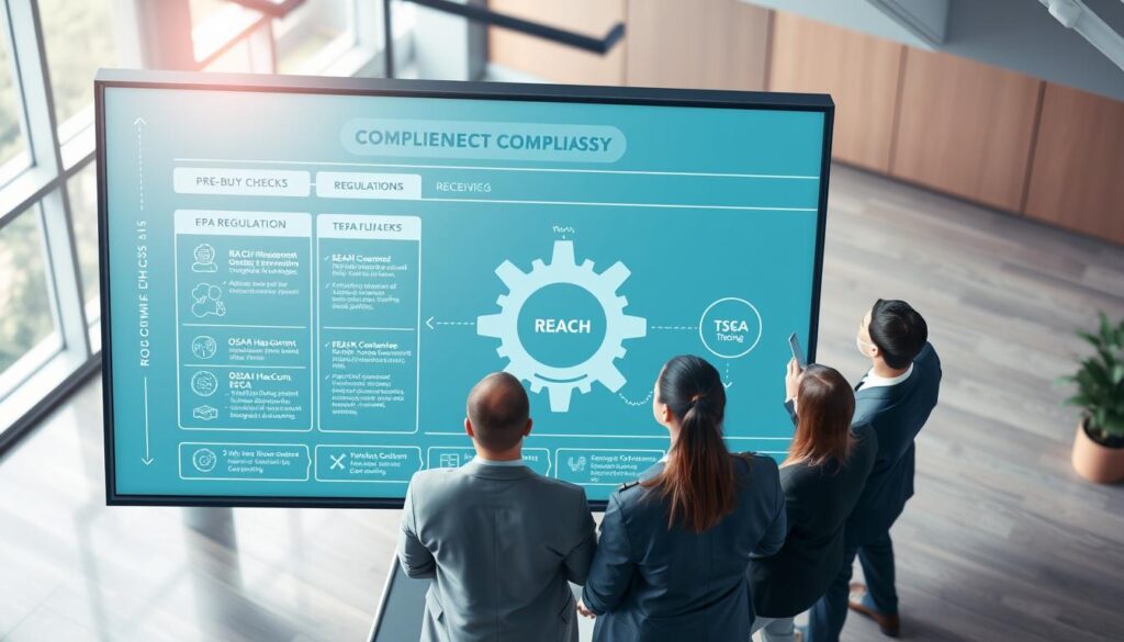 A detailed illustration of a procurement workflow compliance mapping, showcasing a structured process from pre-buy checks to receiving. In the foreground, a professional business team in smart attire collaborates around a large digital screen displaying compliance checklists and flowcharts. In the middle, visual elements represent key regulations (REACH, OSHA HazCom, TSCA, EPA) depicted as interconnected gears, symbolizing their integration into the procurement process. The background features a modern office environment with soft, natural lighting filtering through large windows, creating an inspiring atmosphere. The overall mood is focused and organized, emphasizing diligence in navigating compliance requirements. A clear overhead angle captures the team's engagement and the dynamic visual of the workflow.