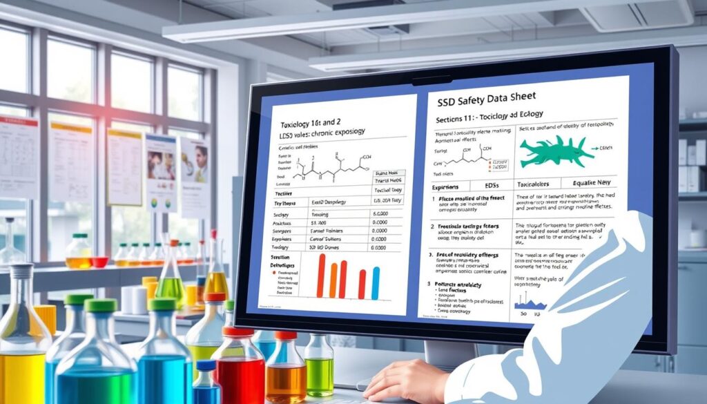 A detailed illustration of a toxicology data report featuring LD50 values for chronic exposure, presented on a digital screen in a modern laboratory setting. In the foreground, an analytical chemist in a lab coat examines data graphs and charts, surrounded by colorful vials and lab equipment. The middle layer includes clear visuals of a safety data sheet (SDS) showcasing Sections 11 and 12 on toxicology and ecology, reflecting aspects of aquatic toxicity and chronic health effects. The background displays a well-organized lab with scientific posters and natural light filtering through large windows, creating a sense of professionalism and clarity. The overall mood is informative and focused, emphasizing safety and meticulous analysis in environmental health. A detailed illustration of a toxicology data report featuring LD50 values for chronic exposure, presented on a digital screen in a modern laboratory setting. In the foreground, an analytical chemist in a lab coat examines data graphs and charts, surrounded by colorful vials and lab equipment. The middle layer includes clear visuals of a safety data sheet (SDS) showcasing Sections 11 and 12 on toxicology and ecology, reflecting aspects of aquatic toxicity and chronic health effects. The background displays a well-organized lab with scientific posters and natural light filtering through large windows, creating a sense of professionalism and clarity. The overall mood is informative and focused, emphasizing safety and meticulous analysis in environmental health.