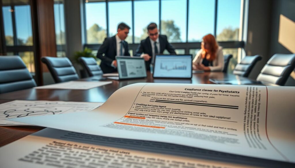A detailed office setting focused on a conference table filled with documents highlighting "contract compliance clauses for downstream users." In the foreground, a close-up of a contract with blueprints and legal jargon, partially unrolled, showing highlighted sections. In the middle ground, two professionals in business attire are engaged in discussion, pointing at the documents, with a laptop open displaying compliance charts. The background features a modern office with large windows allowing natural light to pour in, reflecting a corporate atmosphere. The mood is serious yet collaborative, emphasizing compliance and legal commitments in chemical management. Soft lighting enhances the professionalism, and a slightly angled view showcases the depth of the scene, creating a dynamic visual representation of compliance discussions. A detailed office setting focused on a conference table filled with documents highlighting "contract compliance clauses for downstream users." In the foreground, a close-up of a contract with blueprints and legal jargon, partially unrolled, showing highlighted sections. In the middle ground, two professionals in business attire are engaged in discussion, pointing at the documents, with a laptop open displaying compliance charts. The background features a modern office with large windows allowing natural light to pour in, reflecting a corporate atmosphere. The mood is serious yet collaborative, emphasizing compliance and legal commitments in chemical management. Soft lighting enhances the professionalism, and a slightly angled view showcases the depth of the scene, creating a dynamic visual representation of compliance discussions.