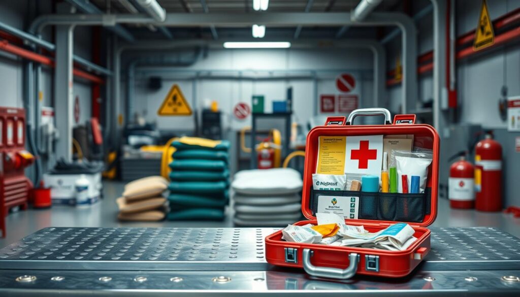 A detailed scene depicting emergency response equipment for chemical spills and first aid, prominently featuring a colorful first aid kit, chemical spill containment materials like absorbent pads and booms, and a fire extinguisher. In the foreground, a sturdy metal table holds a well-organized first aid kit, showcasing its open contents like bandages, antiseptics, and gloves. In the middle, a variety of spill response tools are neatly arranged, with a clear view of absorbent materials and the fire extinguisher. The background features a well-lit industrial setting with safety signage and hazard symbols, conveying a professional mood. The lighting is bright and clinical, enhancing the sense of readiness and safety. The image captures the essence of emergency preparedness with a clean and structured composition. A detailed scene depicting emergency response equipment for chemical spills and first aid, prominently featuring a colorful first aid kit, chemical spill containment materials like absorbent pads and booms, and a fire extinguisher. In the foreground, a sturdy metal table holds a well-organized first aid kit, showcasing its open contents like bandages, antiseptics, and gloves. In the middle, a variety of spill response tools are neatly arranged, with a clear view of absorbent materials and the fire extinguisher. The background features a well-lit industrial setting with safety signage and hazard symbols, conveying a professional mood. The lighting is bright and clinical, enhancing the sense of readiness and safety. The image captures the essence of emergency preparedness with a clean and structured composition.