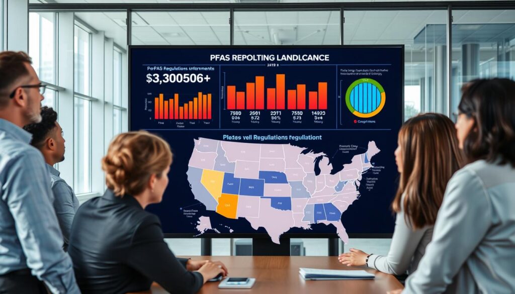A detailed visual representation of the PFAS reporting compliance landscape. In the foreground, a diverse group of professionals in business attire engage in a discussion over a large digital screen displaying colorful graphs and statistics related to PFAS regulations. The middle ground features an infographic-style map highlighting various states and their specific reporting requirements for PFAS chemicals. The background shows a corporate office setting with large windows letting in natural light, creating a bright and focused atmosphere. The mood is serious yet collaborative, emphasizing the importance of compliance and environmental safety. The image is captured with a 24mm lens, ensuring a wide-angle view that draws attention to both the team and the informative display without any text or overlays. A detailed visual representation of the PFAS reporting compliance landscape. In the foreground, a diverse group of professionals in business attire engage in a discussion over a large digital screen displaying colorful graphs and statistics related to PFAS regulations. The middle ground features an infographic-style map highlighting various states and their specific reporting requirements for PFAS chemicals. The background shows a corporate office setting with large windows letting in natural light, creating a bright and focused atmosphere. The mood is serious yet collaborative, emphasizing the importance of compliance and environmental safety. The image is captured with a 24mm lens, ensuring a wide-angle view that draws attention to both the team and the informative display without any text or overlays.