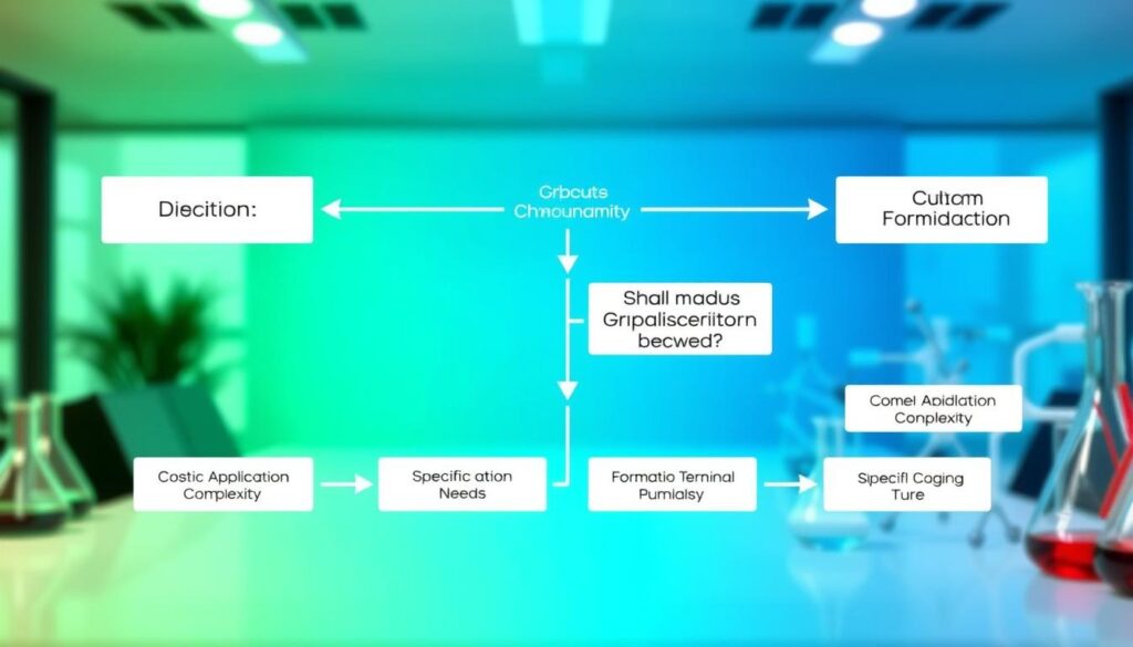 A detailed, visually engaging flowchart illustrating the decision-making process for choosing between custom chemical formulations and stock solutions. In the foreground, bold arrows and decision boxes highlight critical considerations like cost, specific application needs, and formulation complexity. The middle ground features a gradient of colors transitioning from blue to green, symbolizing clarity and growth. The background includes subtle chemical elements like beakers and molecular structures, softly blurred to maintain focus on the flowchart. The overall lighting is bright yet professional, simulating an office environment, while the angle is slightly tilted for dynamic composition. The mood should convey professionalism and innovation, making it suitable for a technical article audience.