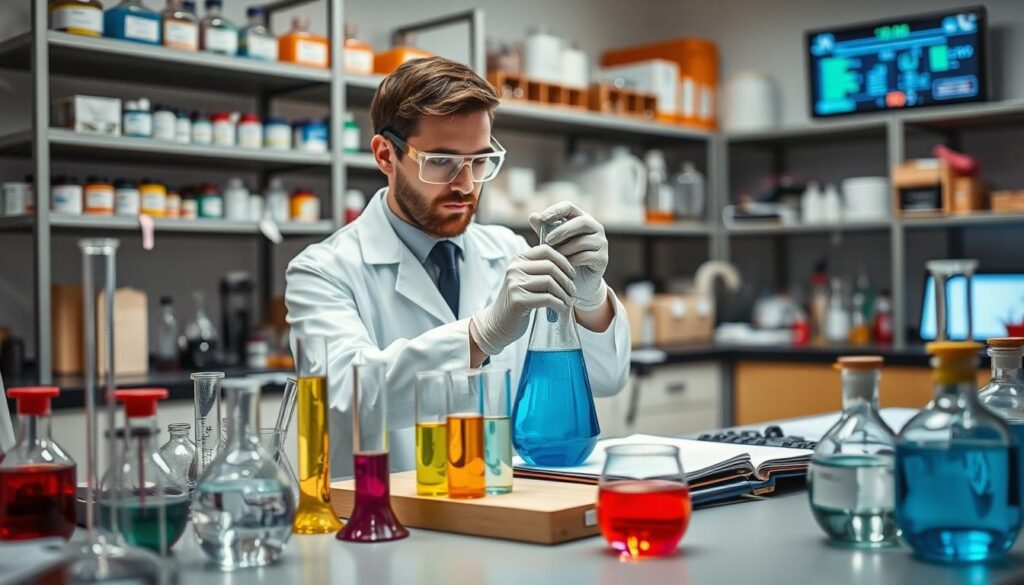 A laboratory setting showcasing chemical application testing, featuring a well-organized lab bench with various glassware and chemical samples arranged meticulously. In the foreground, a focused researcher in a crisp lab coat and safety goggles is conducting a compatibility test, pouring a bright blue liquid from one flask to another, with a clipboard and notes nearby. The middle ground includes a variety of test tubes and beakers filled with colorful liquids, some with bubbling reactions, indicating active experimentation. The background reveals shelves lined with labeled chemical containers and a digital display showing experimental data. Soft, focused lighting highlights the action on the bench, while a shallow depth of field draws attention to the researcher’s precise movements, creating a dynamic and professional atmosphere of scientific inquiry and verification. A laboratory setting showcasing chemical application testing, featuring a well-organized lab bench with various glassware and chemical samples arranged meticulously. In the foreground, a focused researcher in a crisp lab coat and safety goggles is conducting a compatibility test, pouring a bright blue liquid from one flask to another, with a clipboard and notes nearby. The middle ground includes a variety of test tubes and beakers filled with colorful liquids, some with bubbling reactions, indicating active experimentation. The background reveals shelves lined with labeled chemical containers and a digital display showing experimental data. Soft, focused lighting highlights the action on the bench, while a shallow depth of field draws attention to the researcher’s precise movements, creating a dynamic and professional atmosphere of scientific inquiry and verification.