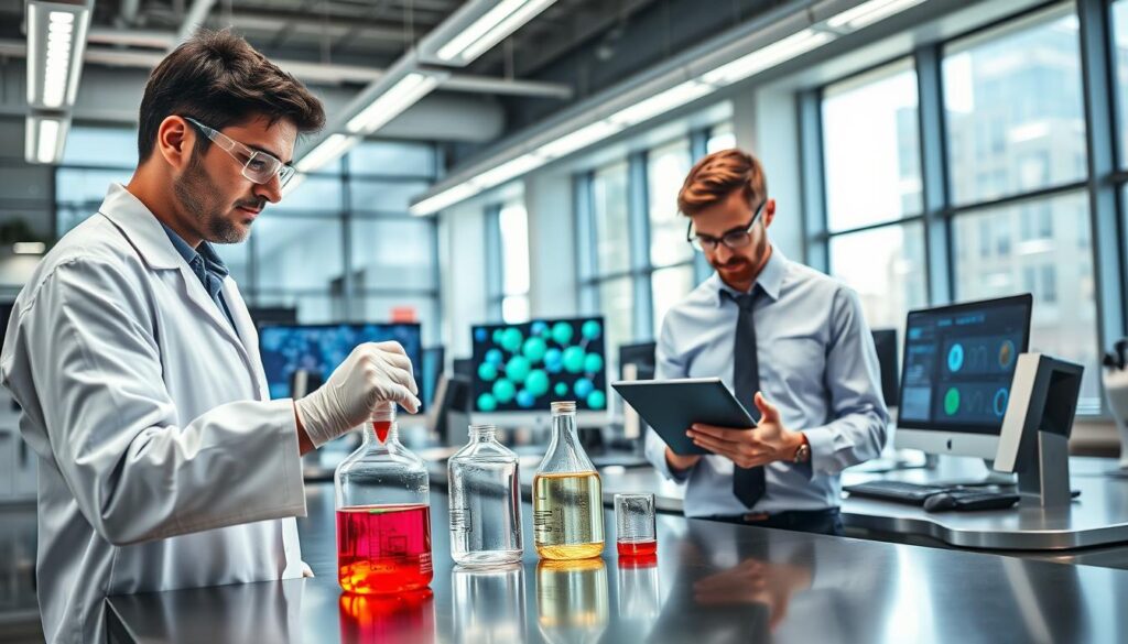 A modern collaborative R&D laboratory showcasing diverse professionals engaged in chemical formulation research. In the foreground, a scientist in a lab coat, glasses, and gloves examines a beaker filled with colorful liquids, while a technician in business casual attire notes down results on a tablet. The middle ground features a high-tech workstation with computers displaying molecular models and chemical analysis software. The background reveals large windows allowing natural light to flood the space, enhancing a lively atmosphere of innovation. Clean lines and a polished design create an inspiring environment. Soft lighting from overhead LEDs reflects off stainless steel surfaces, casting gentle shadows and emphasizing teamwork and collaboration in cutting-edge research.