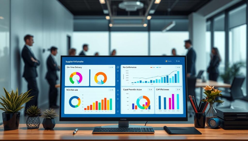 A modern dashboard showcasing supplier performance KPIs in a corporate setting, with vibrant data visualizations for On-Time Delivery (OTD), Non-Conformance (NC) rate, and Corrective and Preventive Action (CAPA) effectiveness. In the foreground, crisp graphs and charts display colorful metrics, including gauges and pie charts, reflecting key performance indicators. The middle ground features a sleek desktop with a high-resolution monitor displaying the dashboard, flanked by stylish office plants and stationery, emphasizing a professional atmosphere. In the background, soft diffused lighting brightens a contemporary office space, with blurred silhouettes of professionals in business attire collaborating around a conference table. The overall mood is focused and productive, aiming to convey efficacy and clarity in supplier evaluations.