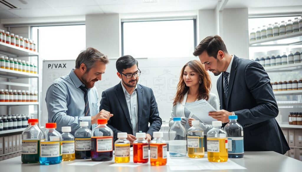 A modern laboratory setting focused on chemical regulatory compliance standards. In the foreground, a diverse group of professionals in business attire—two men and one woman—are closely examining various chemical containers and safety data sheets on a table, symbolizing diligence and collaboration. The middle ground features a large whiteboard with flowcharts and diagrams illustrating regulatory processes. The background showcases shelves filled with neatly organized chemical bottles, each clearly labeled, and a large window allowing natural light to illuminate the scene, creating a productive atmosphere. The lighting is bright but balanced, giving a sense of clarity and professionalism. The overall mood conveys a commitment to safety and meticulous attention to regulatory details within the chemical industry.