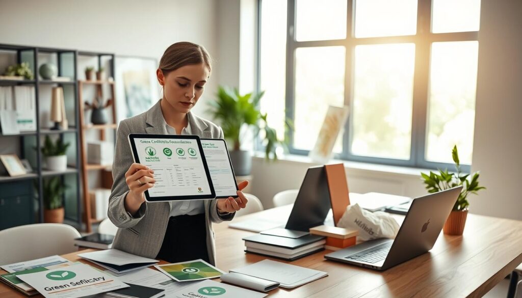 A professional and modern office environment showcasing the process of verifying eco-credentials for a green chemicals supplier. In the foreground, a focused businesswoman in smart casual attire examines a digital tablet displaying eco-certifications of a supplier, surrounded by eco-friendly branding materials. In the middle ground, a well-organized desk cluttered with green chemistry documents, a laptop, and a potted plant emphasizes sustainability. The background features a large, bright window letting in natural light, illuminating the space and creating a positive, hopeful atmosphere. The camera is positioned at a slightly elevated angle, capturing the intent focus of the businesswoman and the significance of supplier verification in a detailed and informative manner. A professional and modern office environment showcasing the process of verifying eco-credentials for a green chemicals supplier. In the foreground, a focused businesswoman in smart casual attire examines a digital tablet displaying eco-certifications of a supplier, surrounded by eco-friendly branding materials. In the middle ground, a well-organized desk cluttered with green chemistry documents, a laptop, and a potted plant emphasizes sustainability. The background features a large, bright window letting in natural light, illuminating the space and creating a positive, hopeful atmosphere. The camera is positioned at a slightly elevated angle, capturing the intent focus of the businesswoman and the significance of supplier verification in a detailed and informative manner.