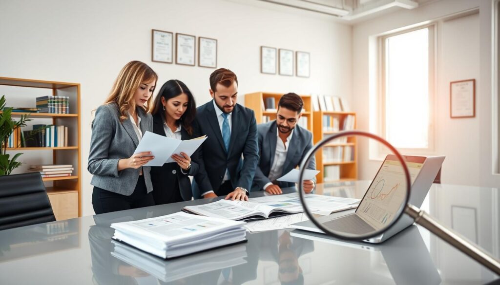 A professional office environment showcasing a detailed supplier compliance documentation evaluation. In the foreground, a diverse group of three professionals—one woman and two men—dressed in business attire, attentively reviewing and discussing certificates of analysis (COA) and safety data sheets (SDS) on a sleek conference table. The middle ground features an organized stack of documents, a laptop displaying compliance data with charts, and a magnifying glass emphasizing meticulous review. In the background, a bright, well-lit office space with a bookshelf filled with industry-related books and certifications hanging on the wall. Soft natural light filters through large windows, creating an atmosphere of focus, collaboration, and diligence in supplier best practices. A professional office environment showcasing a detailed supplier compliance documentation evaluation. In the foreground, a diverse group of three professionals—one woman and two men—dressed in business attire, attentively reviewing and discussing certificates of analysis (COA) and safety data sheets (SDS) on a sleek conference table. The middle ground features an organized stack of documents, a laptop displaying compliance data with charts, and a magnifying glass emphasizing meticulous review. In the background, a bright, well-lit office space with a bookshelf filled with industry-related books and certifications hanging on the wall. Soft natural light filters through large windows, creating an atmosphere of focus, collaboration, and diligence in supplier best practices.