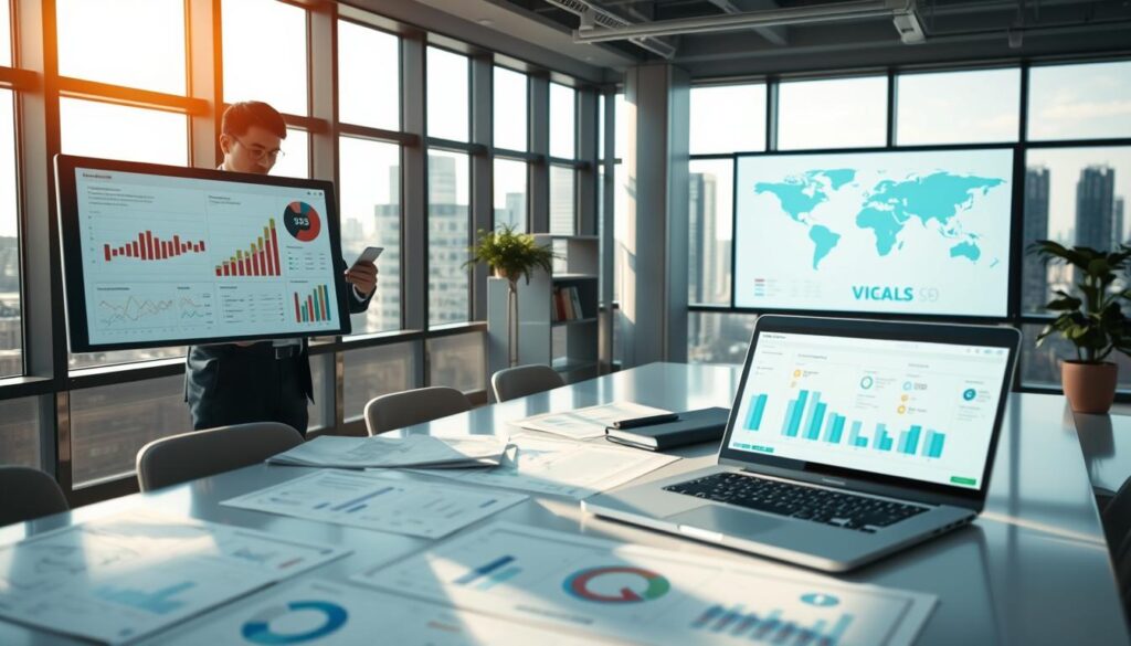 A sophisticated office environment showcasing supply chain stability metrics in a visually engaging manner. In the foreground, an analytical professional in business attire examines detailed charts and graphs on a sleek digital screen, symbolizing procurement evaluation. The middle ground features a large table covered with various analytical reports, flow diagrams, and a laptop displaying real-time supply chain data. In the background, windows reveal a modern cityscape, suggesting a global network. Soft, natural lighting illuminates the scene, casting gentle shadows, creating a serene yet focused atmosphere. The camera angle is slightly elevated, providing a comprehensive view of the workspace, emphasizing the importance of data in decision-making processes. A sophisticated office environment showcasing supply chain stability metrics in a visually engaging manner. In the foreground, an analytical professional in business attire examines detailed charts and graphs on a sleek digital screen, symbolizing procurement evaluation. The middle ground features a large table covered with various analytical reports, flow diagrams, and a laptop displaying real-time supply chain data. In the background, windows reveal a modern cityscape, suggesting a global network. Soft, natural lighting illuminates the scene, casting gentle shadows, creating a serene yet focused atmosphere. The camera angle is slightly elevated, providing a comprehensive view of the workspace, emphasizing the importance of data in decision-making processes.