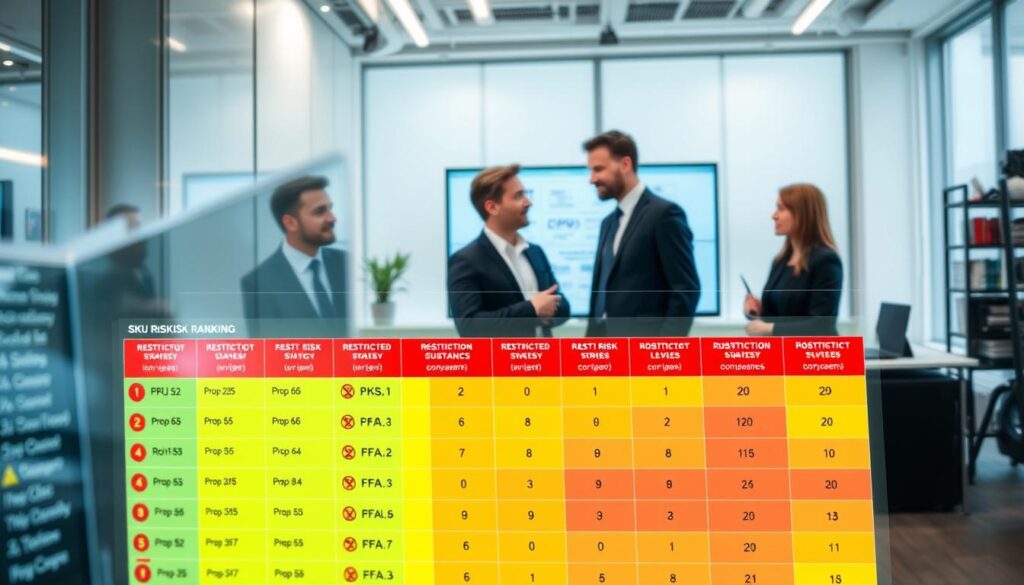 A sophisticated visualization of SKU risk ranking and substitution strategy, prominently displayed in the foreground. Feature a multi-layered digital dashboard with a color-coded grid illustrating various SKUs, each marked with risk levels using vibrant reds, yellows, and greens. Include icons for restricted substances relevant to Prop 65, RoHS, and PFAS. In the middle ground, show a team of three professional business attire-wearing individuals discussing and analyzing the data on a large screen, with focus on collaboration. The background should display a modern office environment with soft lighting, emphasizing a productive atmosphere. Use an angled perspective to create depth, highlighting the urgency and importance of compliance and strategic planning in an engaging yet professional manner. A sophisticated visualization of SKU risk ranking and substitution strategy, prominently displayed in the foreground. Feature a multi-layered digital dashboard with a color-coded grid illustrating various SKUs, each marked with risk levels using vibrant reds, yellows, and greens. Include icons for restricted substances relevant to Prop 65, RoHS, and PFAS. In the middle ground, show a team of three professional business attire-wearing individuals discussing and analyzing the data on a large screen, with focus on collaboration. The background should display a modern office environment with soft lighting, emphasizing a productive atmosphere. Use an angled perspective to create depth, highlighting the urgency and importance of compliance and strategic planning in an engaging yet professional manner.