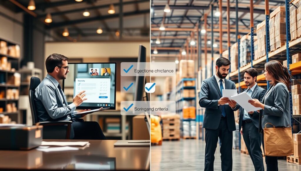 A split image illustrating the supplier audit process comparison between remote and on-site audits. In the foreground, depict two scenes side by side: on the left, a virtual audit scenario with a professional in business attire sitting in front of a computer, engaged in a video call, notes and a digital checklist visible on the screen. On the right, an on-site audit scene featuring a group of professionals in business attire, examining products in a warehouse setting, with documents and a clipboard in hand. The middle ground should have visual indicators like checkboxes and scoring criteria subtly overlaid to emphasize the agenda and scoring process. The background should be a blend of a digital environment and a warehouse, with warm, professional lighting to create an engaging and informative atmosphere.