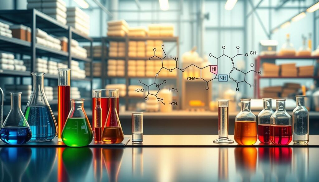 A visually striking, informative illustration that embodies "Core Chemical Properties." In the foreground, depict a sleek laboratory table with various glassware—beakers, flasks, and test tubes—filled with vibrant colored liquids representing different chemical properties. In the middle ground, showcase a detailed, stylized chemical structure diagram, featuring molecular models and labels that highlight essential relationships and functionalities. In the background, create a softly lit industrial setting with shelves organized with containers of raw materials and advanced machinery. Use warm lighting to evoke a sense of innovation and professionalism, with a slightly blurred focus on the background to emphasize the chemical processes at play. Overall, the atmosphere should convey a sense of precision, expertise, and scientific creativity. A visually striking, informative illustration that embodies "Core Chemical Properties." In the foreground, depict a sleek laboratory table with various glassware—beakers, flasks, and test tubes—filled with vibrant colored liquids representing different chemical properties. In the middle ground, showcase a detailed, stylized chemical structure diagram, featuring molecular models and labels that highlight essential relationships and functionalities. In the background, create a softly lit industrial setting with shelves organized with containers of raw materials and advanced machinery. Use warm lighting to evoke a sense of innovation and professionalism, with a slightly blurred focus on the background to emphasize the chemical processes at play. Overall, the atmosphere should convey a sense of precision, expertise, and scientific creativity.