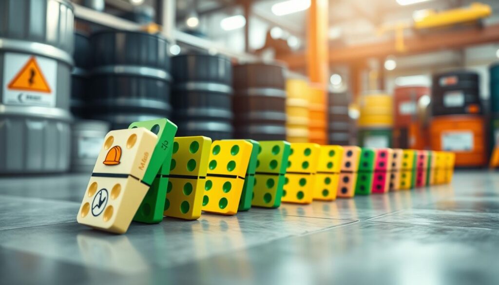 A visually striking scene depicting a chain of colorful dominoes, symbolizing the financial risk domino effect in safety compliance within chemical procurement. In the foreground, a closely-focused view of the first domino, designed with intricate safety compliance icons like hard hats and checkmarks, beginning to topple. In the middle ground, several dominos in vibrant hues of green and yellow are mid-fall, representing cascading consequences of financial decisions. The background showcases a blurred industrial setting, filled with chemical barrels and safety signs under soft, diffused lighting. The atmosphere is tense yet focused, emphasizing the importance of compliance. The angle captures the motion of the falling dominos from a slightly elevated viewpoint, creating a dynamic perspective that draws the viewer into the scene. A visually striking scene depicting a chain of colorful dominoes, symbolizing the financial risk domino effect in safety compliance within chemical procurement. In the foreground, a closely-focused view of the first domino, designed with intricate safety compliance icons like hard hats and checkmarks, beginning to topple. In the middle ground, several dominos in vibrant hues of green and yellow are mid-fall, representing cascading consequences of financial decisions. The background showcases a blurred industrial setting, filled with chemical barrels and safety signs under soft, diffused lighting. The atmosphere is tense yet focused, emphasizing the importance of compliance. The angle captures the motion of the falling dominos from a slightly elevated viewpoint, creating a dynamic perspective that draws the viewer into the scene.