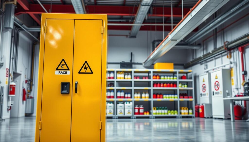 A brightly lit industrial setting featuring a sturdy, well-structured flammable storage cabinet in the foreground. The cabinet is painted in bold, safety yellow with clearly labeled hazard symbols, showcasing its robust, self-closing doors. In the middle ground, organized shelving displays flammable liquid containers, appropriately secured. The background features a clean, spacious chemical storage room with visible fire safety equipment, like extinguishers and emergency signs, contributing to a sense of safety and compliance. The scene captures an atmosphere of order and professionalism, emphasizing safety regulations in handling flammable materials. The lighting is bright and clear, simulating a real workplace environment, with a slight focus on the cabinet to highlight its importance. The angle is slightly elevated, providing a comprehensive view of the cabinet and its surroundings. A brightly lit industrial setting featuring a sturdy, well-structured flammable storage cabinet in the foreground. The cabinet is painted in bold, safety yellow with clearly labeled hazard symbols, showcasing its robust, self-closing doors. In the middle ground, organized shelving displays flammable liquid containers, appropriately secured. The background features a clean, spacious chemical storage room with visible fire safety equipment, like extinguishers and emergency signs, contributing to a sense of safety and compliance. The scene captures an atmosphere of order and professionalism, emphasizing safety regulations in handling flammable materials. The lighting is bright and clear, simulating a real workplace environment, with a slight focus on the cabinet to highlight its importance. The angle is slightly elevated, providing a comprehensive view of the cabinet and its surroundings.