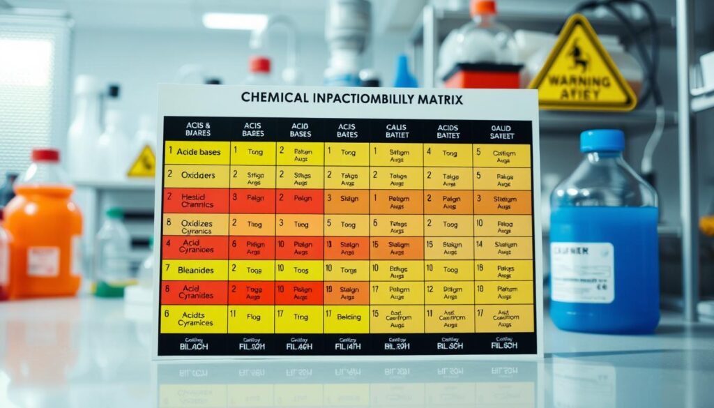 A detailed chemical incompatibility matrix displayed prominently, focusing on high-risk pairs including acids and bases, oxidizers and organics, acids and cyanides, and bleach and acids. In the foreground, vibrant colored cells represent the different chemical pairs, with red highlighting the most dangerous combinations. The middle layer features a grid layout with distinct rows and columns, each labeled clearly and filled with caution icons. The background is a soft, blurred laboratory setting with safety equipment and warning signs subtly included. Lighting is bright and clinical, emphasizing clarity and urgency. The overall atmosphere conveys the importance of chemical safety and the need for proper segregation in storage environments. No text or branding is present.