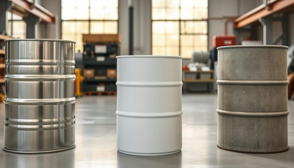 A detailed comparison of three types of secondary containment drums: steel, poly, and concrete coatings, arranged side by side on a clean, industrial setting. In the foreground, show a robust steel drum on the left, featuring a shiny, metallic texture, with subtle reflections illuminating its surface. In the middle, a durable poly drum, showcasing a smooth, high-density plastic appearance, designed for chemical compatibility. To the right, a weathered concrete drum, emphasizing its textured surface with subtle weathering effects. The background includes a workshop environment with soft, natural lighting filtering through large windows, highlighting the durable materials. The atmosphere is professional and informative, capturing the essence of industrial safety and compliance without any distractions or text. A detailed comparison of three types of secondary containment drums: steel, poly, and concrete coatings, arranged side by side on a clean, industrial setting. In the foreground, show a robust steel drum on the left, featuring a shiny, metallic texture, with subtle reflections illuminating its surface. In the middle, a durable poly drum, showcasing a smooth, high-density plastic appearance, designed for chemical compatibility. To the right, a weathered concrete drum, emphasizing its textured surface with subtle weathering effects. The background includes a workshop environment with soft, natural lighting filtering through large windows, highlighting the durable materials. The atmosphere is professional and informative, capturing the essence of industrial safety and compliance without any distractions or text.