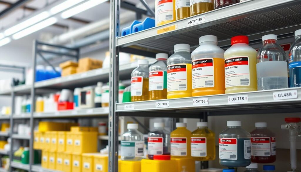 A detailed composition focusing on materials compatibility in storage solutions for corrosives, toxics, and oxidizers. In the foreground, show a well-structured shelf equipped with metal hardware, featuring anti-tip bars and high lip heights, designed for safety. The middle ground highlights various chemical containers with clear labeling, each constructed from different materials like glass, plastic, and metal, demonstrating compatibility with the stored substances. The background reveals an organized storage area in a laboratory setting, with soft industrial lighting casting a neutral glow that enhances clarity. The atmosphere is professional and safe, with no human figures present, emphasizing the importance of safety and compliance in chemical storage. Utilize a wide-angle lens for a comprehensive view, ensuring everything is visually accessible and educational.