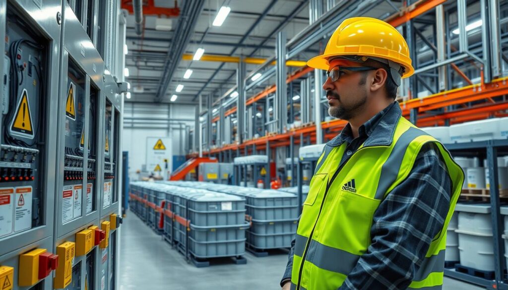 A detailed industrial warehouse scene showcasing electrical classification for hazardous area safety. In the foreground, a professional engineer dressed in a safety helmet and high-visibility vest is inspecting intricate electrical panels with clear hazard markings. In the middle ground, various safety signs and labels indicating explosive zones and proper grounding techniques are visible. The background features rows of clearly organized chemical storage containers, each equipped with safety equipment like spill kits and fire extinguishers. The lighting is bright and even, simulating a well-lit warehouse environment, while the camera angle is slightly elevated to provide a comprehensive view. The overall atmosphere conveys a sense of vigilance and compliance with safety standards, emphasizing the importance of ignition source control. A detailed industrial warehouse scene showcasing electrical classification for hazardous area safety. In the foreground, a professional engineer dressed in a safety helmet and high-visibility vest is inspecting intricate electrical panels with clear hazard markings. In the middle ground, various safety signs and labels indicating explosive zones and proper grounding techniques are visible. The background features rows of clearly organized chemical storage containers, each equipped with safety equipment like spill kits and fire extinguishers. The lighting is bright and even, simulating a well-lit warehouse environment, while the camera angle is slightly elevated to provide a comprehensive view. The overall atmosphere conveys a sense of vigilance and compliance with safety standards, emphasizing the importance of ignition source control.