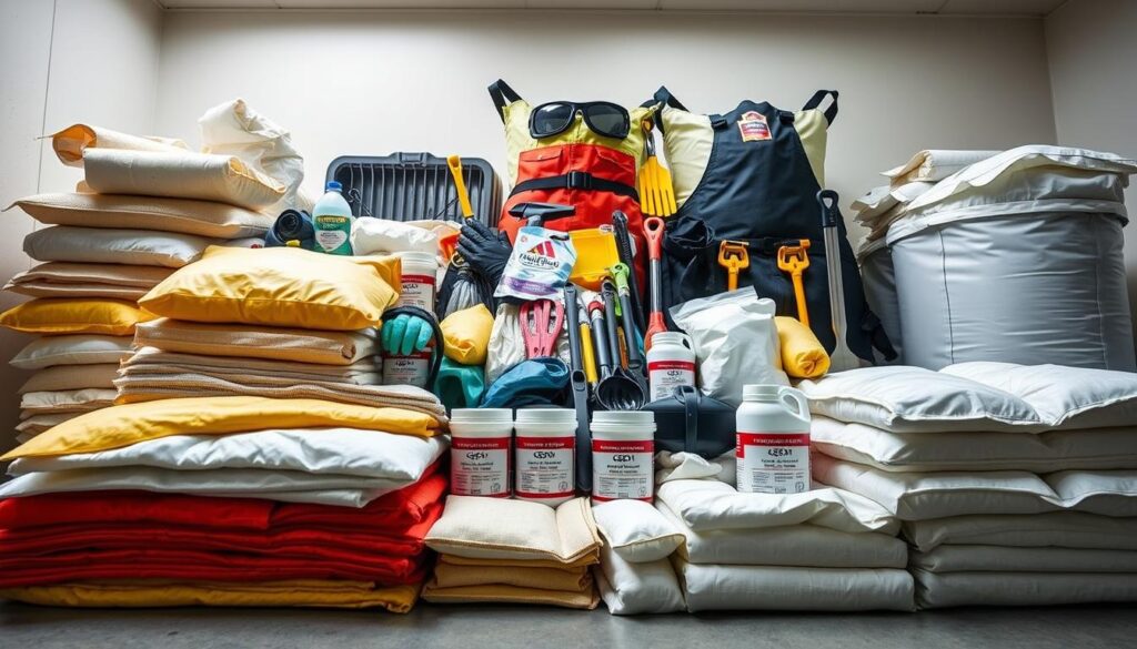 A detailed layout of tiered spill kit components meticulously arranged for a professional setting. In the foreground, a variety of absorbent materials such as pads and booms are prominently featured alongside neutralizing agents in labeled containers. The middle ground displays personal protective equipment (PPE), including gloves, goggles, and aprons, alongside essential tools like scoops and shovels. Overpacks are shown in the background, designed for storage of hazardous materials. The lighting is bright and clinical, emphasizing cleanliness and organization, with a slight metallic sheen to the surfaces, creating a sterile atmosphere. The angle is a slight overhead view to showcase the layered components effectively, presenting a sense of readiness and professionalism in spill response. A detailed layout of tiered spill kit components meticulously arranged for a professional setting. In the foreground, a variety of absorbent materials such as pads and booms are prominently featured alongside neutralizing agents in labeled containers. The middle ground displays personal protective equipment (PPE), including gloves, goggles, and aprons, alongside essential tools like scoops and shovels. Overpacks are shown in the background, designed for storage of hazardous materials. The lighting is bright and clinical, emphasizing cleanliness and organization, with a slight metallic sheen to the surfaces, creating a sterile atmosphere. The angle is a slight overhead view to showcase the layered components effectively, presenting a sense of readiness and professionalism in spill response.