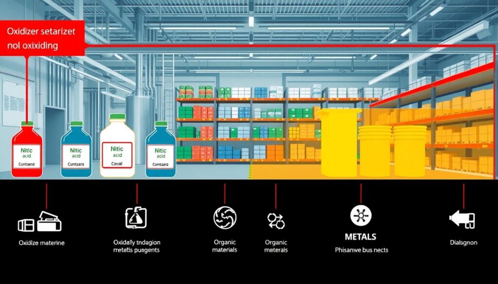 A detailed oxidizer separation diagram illustrating the safe storage of oxidizing agents. In the foreground, clearly labeled container icons representing various oxidizers, such as nitric acid, all positioned away from symbols for organic materials and metals. The middle section features a well-organized storage area, with color-coded shelves: bright red for oxidizers, green for organics, and blue for metals. The background includes a clean, modern industrial facility with clear lighting casting soft shadows to enhance visibility. The overall atmosphere is informative and professional, embodying a sense of safety and compliance. Use a clean, technical style with meticulous lines and precise measurements, ensuring that no human figures are present.