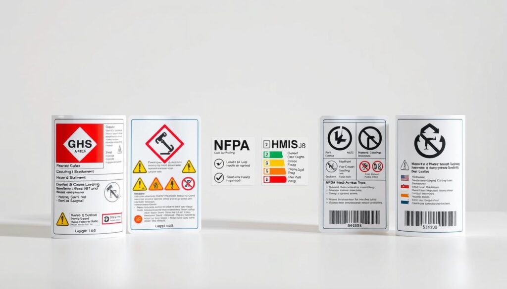 A detailed visual comparison guide showcasing GHS labeling alongside NFPA and HMIS symbols in a clear and informative layout. In the foreground, display well-structured labels featuring GHS pictograms and hazard statements in vibrant colors, ensuring clarity and readability. The middle section should highlight NFPA and HMIS labels, emphasizing their distinct color codes and numerical ratings, arranged side by side for easy comparison. The background should consist of a light gradient to maintain focus on the labels, with soft lighting casting gentle shadows to enhance depth. The atmosphere should feel professional and educational, perfect for a safety and compliance context. Use a straightforward perspective, capturing the entire composition from a slightly elevated angle, ensuring all elements are visible and organized. A detailed visual comparison guide showcasing GHS labeling alongside NFPA and HMIS symbols in a clear and informative layout. In the foreground, display well-structured labels featuring GHS pictograms and hazard statements in vibrant colors, ensuring clarity and readability. The middle section should highlight NFPA and HMIS labels, emphasizing their distinct color codes and numerical ratings, arranged side by side for easy comparison. The background should consist of a light gradient to maintain focus on the labels, with soft lighting casting gentle shadows to enhance depth. The atmosphere should feel professional and educational, perfect for a safety and compliance context. Use a straightforward perspective, capturing the entire composition from a slightly elevated angle, ensuring all elements are visible and organized.