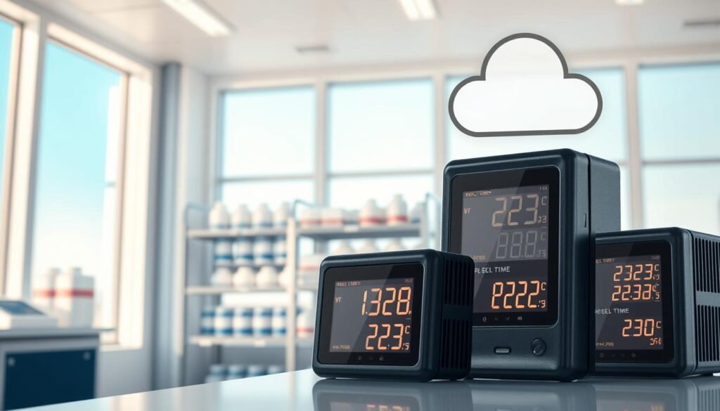 A high-tech laboratory environment showcasing cold chain monitoring with data loggers. In the foreground, sleek digital data loggers with glowing LED screens display real-time temperature readings. The middle ground features a temperature-controlled storage area, with neatly stacked shelves of chemical containers, all within a well-lit cold room. The background includes large windows revealing a clear blue sky, creating a bright and sterile atmosphere. Soft, diffused lighting highlights the precision of the equipment, while a modern cloud monitoring interface can be subtly integrated into the upper corner of the scene, symbolizing connectivity and alerts. The overall mood is professional and efficient, evoking a sense of reliability in temperature monitoring and storage compliance. A high-tech laboratory environment showcasing cold chain monitoring with data loggers. In the foreground, sleek digital data loggers with glowing LED screens display real-time temperature readings. The middle ground features a temperature-controlled storage area, with neatly stacked shelves of chemical containers, all within a well-lit cold room. The background includes large windows revealing a clear blue sky, creating a bright and sterile atmosphere. Soft, diffused lighting highlights the precision of the equipment, while a modern cloud monitoring interface can be subtly integrated into the upper corner of the scene, symbolizing connectivity and alerts. The overall mood is professional and efficient, evoking a sense of reliability in temperature monitoring and storage compliance.