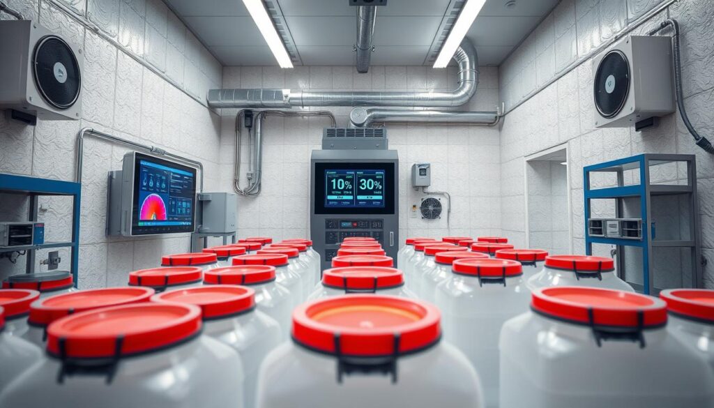 A modern cold storage facility for chemicals, showcasing advanced technology to prevent condensation and corrosion. In the foreground, there are large, clear storage containers with vibrant colored labels indicating different chemicals, all neatly organized. The middle shows a high-tech monitoring system displaying real-time temperature and humidity levels on digital screens. The background features insulated walls with condensation prevention mechanisms, like dehumidifiers and ventilation systems. Soft, cool lighting illuminates the space, enhancing the clinical and efficient atmosphere. The angle captures the room in a slight bird’s-eye view, emphasizing the orderly layout. The overall mood is professional and focused on maintaining optimal storage conditions, ensuring product integrity.