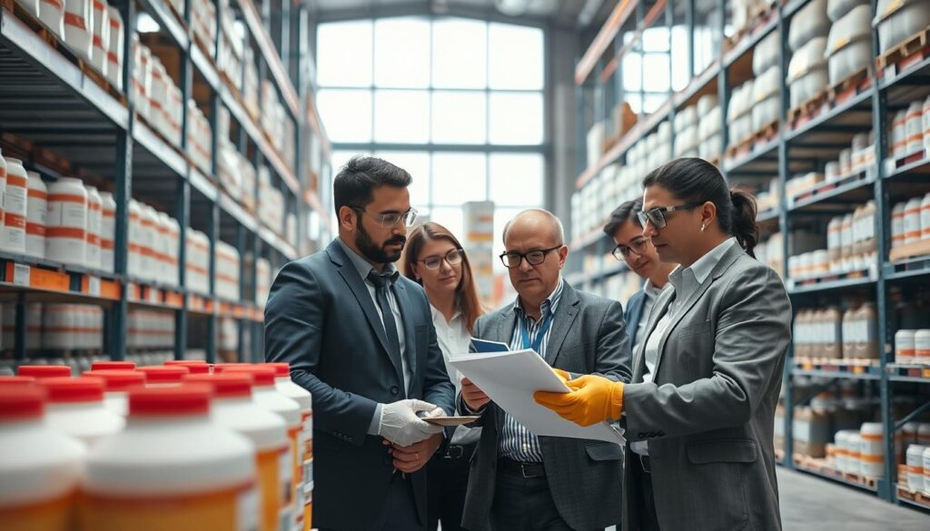 A modern industrial warehouse environment focused on chemical safety during the management of change. In the foreground, a diverse team of safety professionals in business attire examines a new chemical storage system, wearing safety goggles and gloves, while poring over documentation. In the middle ground, shelves filled with clearly labeled chemical containers demonstrate best practices in storage and organization. The background features large windows allowing bright, natural light to illuminate the space, enhancing the sense of clarity and safety. The overall atmosphere is one of professionalism and diligence, embodying a commitment to workplace safety and compliance in chemical management. The lens captures a wide-angle view, emphasizing the scale and importance of safe storage practices. A modern industrial warehouse environment focused on chemical safety during the management of change. In the foreground, a diverse team of safety professionals in business attire examines a new chemical storage system, wearing safety goggles and gloves, while poring over documentation. In the middle ground, shelves filled with clearly labeled chemical containers demonstrate best practices in storage and organization. The background features large windows allowing bright, natural light to illuminate the space, enhancing the sense of clarity and safety. The overall atmosphere is one of professionalism and diligence, embodying a commitment to workplace safety and compliance in chemical management. The lens captures a wide-angle view, emphasizing the scale and importance of safe storage practices.