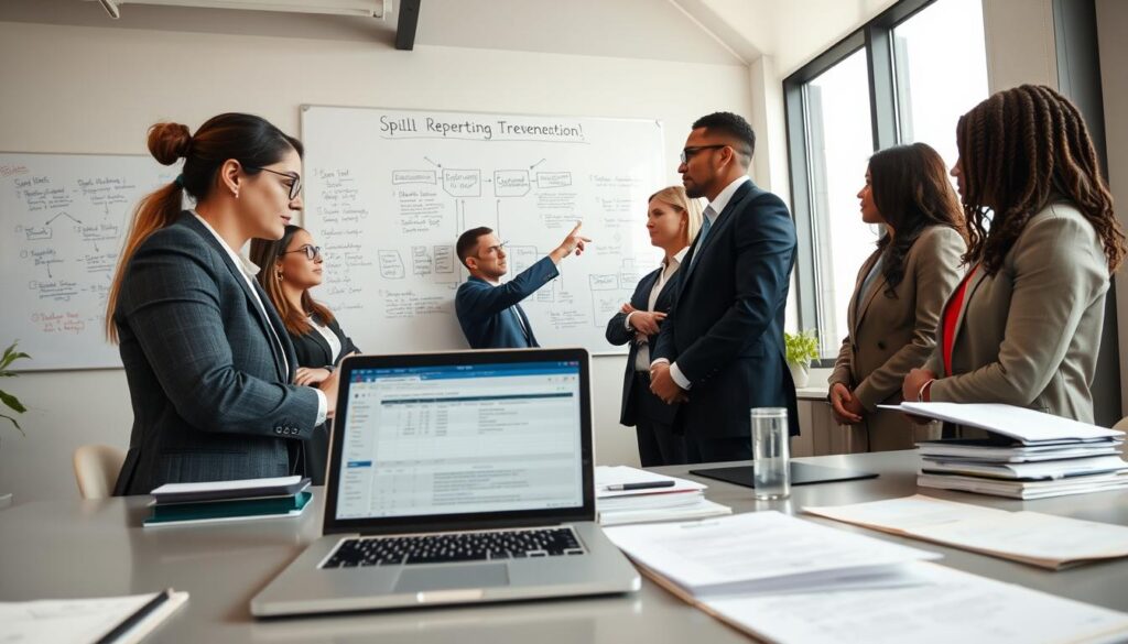 A professional office environment illustrating the spill documentation process, featuring a large workspace table in the foreground with neatly organized documents and a laptop open, displaying a spreadsheet related to spill reporting. In the middle ground, a diverse group of professionals in business attire engage in a discussion, one pointing at a flowchart on the wall labeled "Reporting Triggers." The background shows a whiteboard with notes and diagrams detailing protocols for spill prevention, with large windows letting in soft, natural light to create an atmosphere of collaboration and urgency. The angle should be slightly elevated to capture the dynamics of interaction among the team, with a focus on their serious expressions as they prioritize safety and compliance. A professional office environment illustrating the spill documentation process, featuring a large workspace table in the foreground with neatly organized documents and a laptop open, displaying a spreadsheet related to spill reporting. In the middle ground, a diverse group of professionals in business attire engage in a discussion, one pointing at a flowchart on the wall labeled "Reporting Triggers." The background shows a whiteboard with notes and diagrams detailing protocols for spill prevention, with large windows letting in soft, natural light to create an atmosphere of collaboration and urgency. The angle should be slightly elevated to capture the dynamics of interaction among the team, with a focus on their serious expressions as they prioritize safety and compliance.