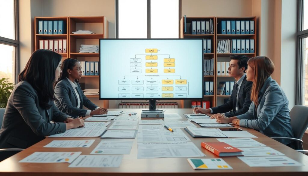 A professional setting depicting a supplier due diligence audit focusing on GHS labeling and SDS management. In the foreground, a diverse group of three business professionals—two in business attire and one in smart casual wear—are engaged in discussion around a large table covered with SDS documents, GHS labels, and various compliance checklists. The middle ground features a large screen displaying an informative flowchart depicting the audit process, illuminated by soft, natural lighting from large windows. In the background, shelves filled with neatly organized binders and safety materials convey a sense of structure and professionalism. The atmosphere is focused and collaborative, emphasizing the importance of compliance and communication in a global context, with subtle brand colors incorporated into the decor to enhance visual interest. A professional setting depicting a supplier due diligence audit focusing on GHS labeling and SDS management. In the foreground, a diverse group of three business professionals—two in business attire and one in smart casual wear—are engaged in discussion around a large table covered with SDS documents, GHS labels, and various compliance checklists. The middle ground features a large screen displaying an informative flowchart depicting the audit process, illuminated by soft, natural lighting from large windows. In the background, shelves filled with neatly organized binders and safety materials convey a sense of structure and professionalism. The atmosphere is focused and collaborative, emphasizing the importance of compliance and communication in a global context, with subtle brand colors incorporated into the decor to enhance visual interest.