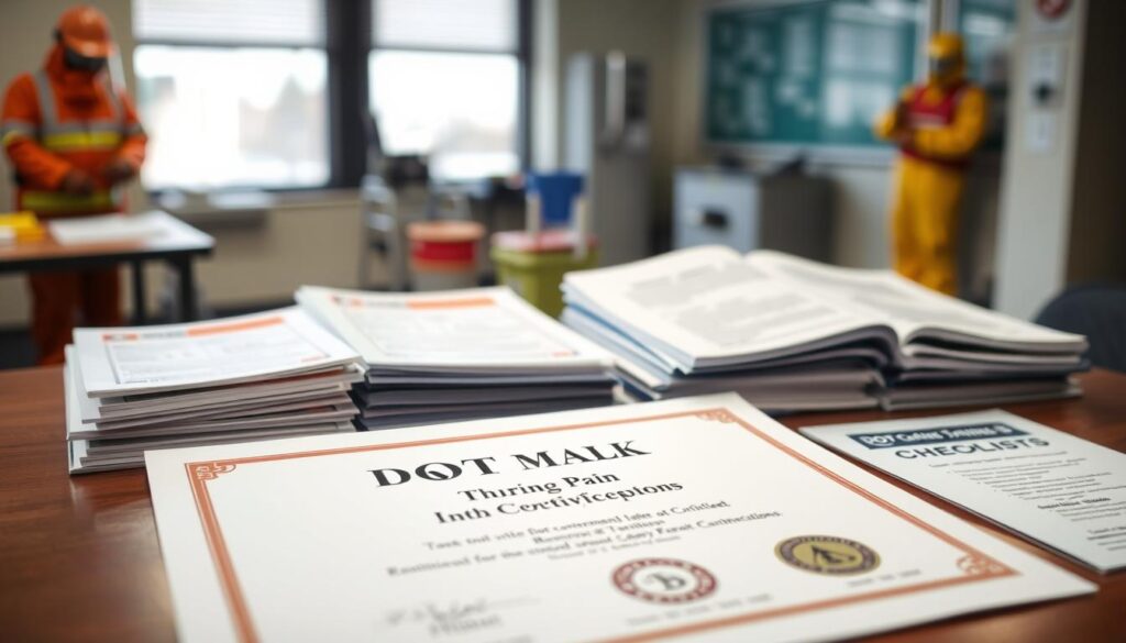 A professional setting showcasing a DOT hazmat training certificate prominently displayed on a desk, surrounded by various training materials such as manuals, checklists, and safety guidelines. In the foreground, the certificate should be vivid with a seal, emphasizing its authenticity. The middle layer features the training manuals in neat stacks, with some pages slightly open to display key content. The background includes a soft-focus view of a classroom environment with equipped training aids, such as hazmat suits and safety equipment, conveying an educational atmosphere. Use soft, natural lighting to create a welcoming vibe, with a slight depth of field to focus on the certificate and materials, ensuring a professional and informative mood. A professional setting showcasing a DOT hazmat training certificate prominently displayed on a desk, surrounded by various training materials such as manuals, checklists, and safety guidelines. In the foreground, the certificate should be vivid with a seal, emphasizing its authenticity. The middle layer features the training manuals in neat stacks, with some pages slightly open to display key content. The background includes a soft-focus view of a classroom environment with equipped training aids, such as hazmat suits and safety equipment, conveying an educational atmosphere. Use soft, natural lighting to create a welcoming vibe, with a slight depth of field to focus on the certificate and materials, ensuring a professional and informative mood.