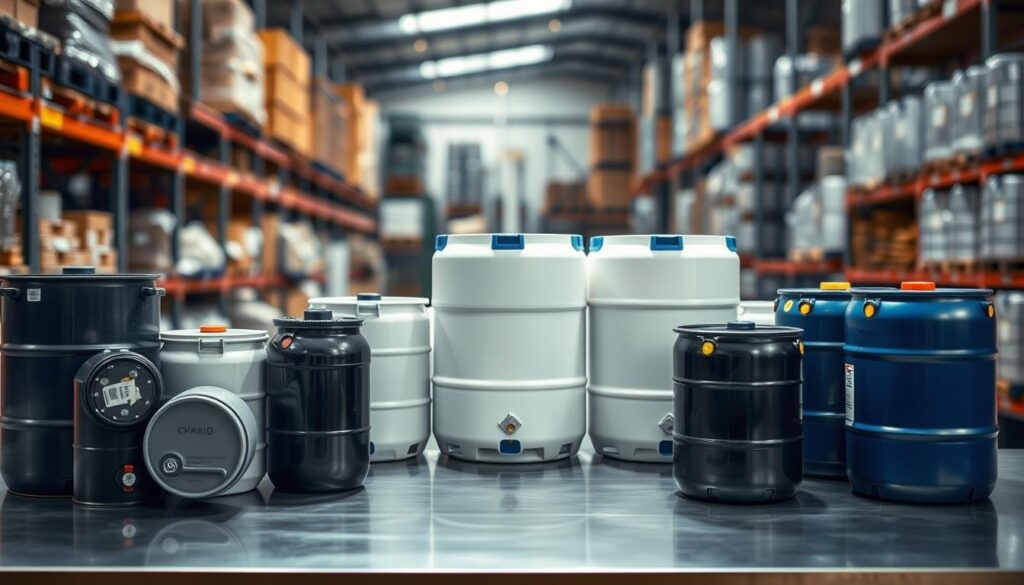 A professional setting showcasing various UN-rated drums and Intermediate Bulk Containers (IBCs) designed for chemical packaging. In the foreground, focus on distinct types of drums and IBCs, displaying their diverse closure options, secure tamper-evidence features, and internal liners for safety. The middle section features a well-organized layout of these packaging options on a clean, industrial workbench, illuminated by soft, even lighting that highlights the materials' textures. The background shows a blurred warehouse environment with shelves stacked with additional packaging materials, enhancing the industrial atmosphere. The overall mood conveys professionalism and meticulous attention to safety standards, suitable for a chemical supply context. A professional setting showcasing various UN-rated drums and Intermediate Bulk Containers (IBCs) designed for chemical packaging. In the foreground, focus on distinct types of drums and IBCs, displaying their diverse closure options, secure tamper-evidence features, and internal liners for safety. The middle section features a well-organized layout of these packaging options on a clean, industrial workbench, illuminated by soft, even lighting that highlights the materials' textures. The background shows a blurred warehouse environment with shelves stacked with additional packaging materials, enhancing the industrial atmosphere. The overall mood conveys professionalism and meticulous attention to safety standards, suitable for a chemical supply context.