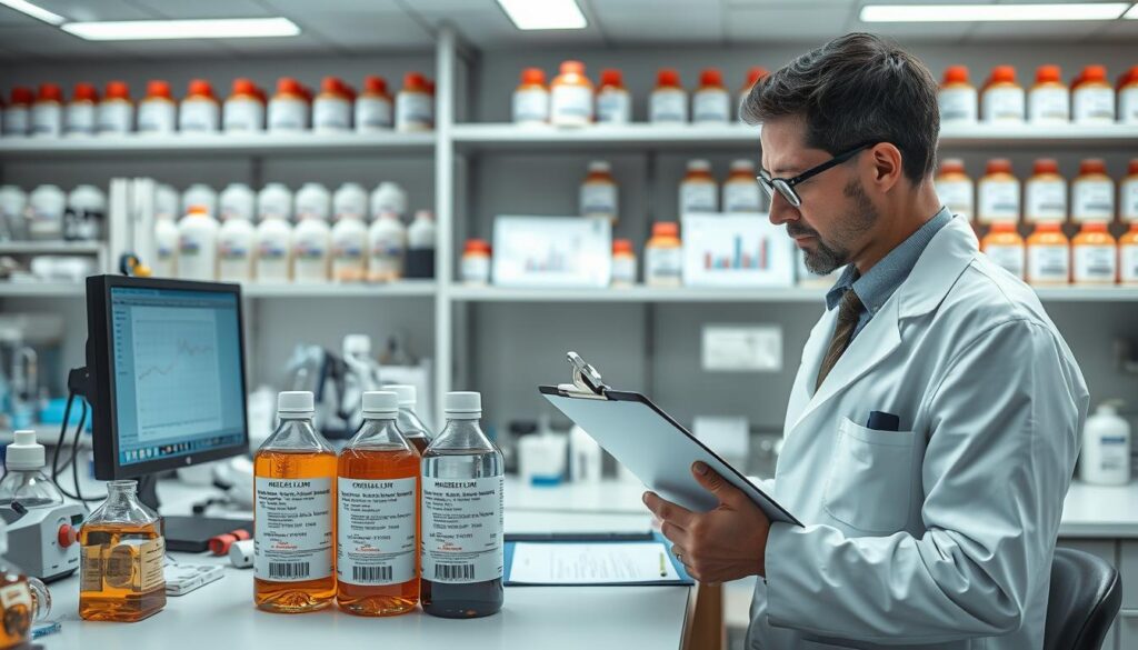 A well-organized laboratory scene focusing on the validation of chemical shelf life data. In the foreground, a professional in a lab coat meticulously examines a set of chemical bottles labeled with detailed shelf life and storage class information, while using a clipboard for notes. The middle ground features a well-lit workbench cluttered with various scientific instruments and a computer displaying data analysis graphs. In the background, shelves filled with orderly rows of labeled chemical containers emphasize proper storage. The lighting is bright and sterile, typical of a lab environment, conveying a sense of diligence and precision. The overall mood is one of professionalism and scientific rigor, showcasing the importance of careful documentation and vendor guidance. A well-organized laboratory scene focusing on the validation of chemical shelf life data. In the foreground, a professional in a lab coat meticulously examines a set of chemical bottles labeled with detailed shelf life and storage class information, while using a clipboard for notes. The middle ground features a well-lit workbench cluttered with various scientific instruments and a computer displaying data analysis graphs. In the background, shelves filled with orderly rows of labeled chemical containers emphasize proper storage. The lighting is bright and sterile, typical of a lab environment, conveying a sense of diligence and precision. The overall mood is one of professionalism and scientific rigor, showcasing the importance of careful documentation and vendor guidance.