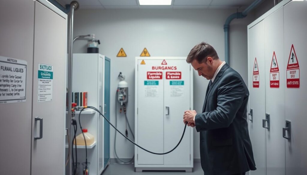 A well-organized safety station in a chemical dispensing area, focusing on bonding and grounding techniques. In the foreground, a professional in business attire conducts a proper grounding procedure with a bonding cable connected to a chemical container. The middle ground features clearly labeled flammable liquids and gases cabinets, showcasing anti-static dispensing equipment such as pumps and grounding wires. The background includes safety signage and a well-lit, sterile environment. Soft, diffused lighting creates a serious and focused mood, highlighting the importance of safety. The image is captured from an angle that provides a comprehensive view of the safety setup, emphasizing diligence and compliance in a hazardous materials handling context. A well-organized safety station in a chemical dispensing area, focusing on bonding and grounding techniques. In the foreground, a professional in business attire conducts a proper grounding procedure with a bonding cable connected to a chemical container. The middle ground features clearly labeled flammable liquids and gases cabinets, showcasing anti-static dispensing equipment such as pumps and grounding wires. The background includes safety signage and a well-lit, sterile environment. Soft, diffused lighting creates a serious and focused mood, highlighting the importance of safety. The image is captured from an angle that provides a comprehensive view of the safety setup, emphasizing diligence and compliance in a hazardous materials handling context.