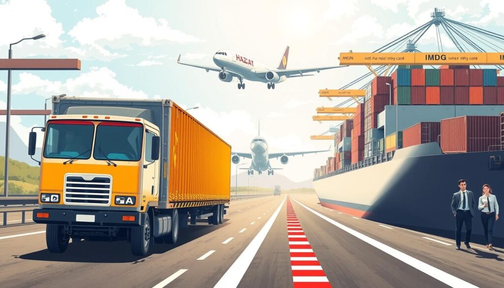 An engaging and informative illustration depicting various modes of hazmat transportation: the foreground features a detailed highway scene with a DOT-regulated hazmat truck, prominently displaying appropriate placards. In the middle ground, an airport scene includes a well-marked cargo airplane, following IATA DGR regulations, with attention to safety markings. In the background, a busy port shows cargo ships under the IMDG code, showcasing containers labeled accordingly. The lighting is bright and clear, simulating a sunny day, with a slight tilt for a dynamic perspective. The overall mood is professional and focused, emphasizing the seriousness of hazmat transportation compliance. Ensure no people are depicted, or if included, they wear professional business attire, engaged in oversight activities, adding to the sense of regulatory attention without distractions. An engaging and informative illustration depicting various modes of hazmat transportation: the foreground features a detailed highway scene with a DOT-regulated hazmat truck, prominently displaying appropriate placards. In the middle ground, an airport scene includes a well-marked cargo airplane, following IATA DGR regulations, with attention to safety markings. In the background, a busy port shows cargo ships under the IMDG code, showcasing containers labeled accordingly. The lighting is bright and clear, simulating a sunny day, with a slight tilt for a dynamic perspective. The overall mood is professional and focused, emphasizing the seriousness of hazmat transportation compliance. Ensure no people are depicted, or if included, they wear professional business attire, engaged in oversight activities, adding to the sense of regulatory attention without distractions.