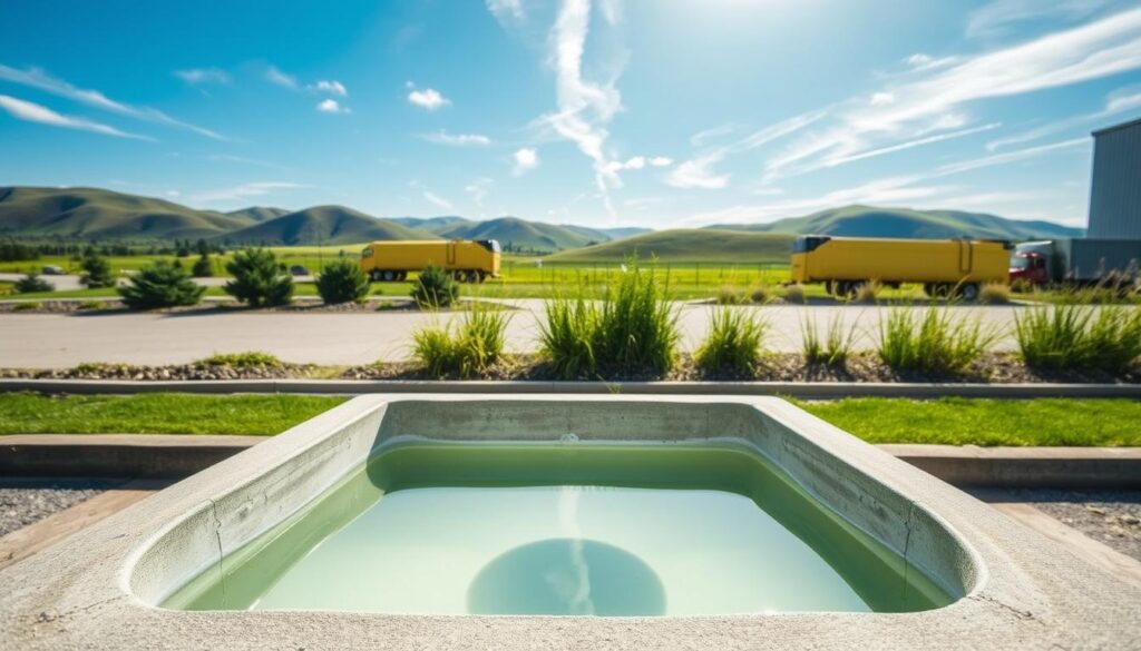An outdoor spill containment sump located in a well-maintained industrial area, showcasing its robust construction and functional design. In the foreground, a sturdy concrete sump is filled with a clear, clean liquid. The middle ground features a landscape of greenery, including low-maintenance shrubs and grass, providing a contrast to the industrial elements. In the background, gentle rolling hills under a clear blue sky with a few wispy clouds suggest a calm atmosphere. The sun is shining brightly, casting natural light over the scene, highlighting the sump's UV-resistant materials and freeze protection features. The image captures a sense of safety and compliance, making it an ideal representation of effective spill containment management. An outdoor spill containment sump located in a well-maintained industrial area, showcasing its robust construction and functional design. In the foreground, a sturdy concrete sump is filled with a clear, clean liquid. The middle ground features a landscape of greenery, including low-maintenance shrubs and grass, providing a contrast to the industrial elements. In the background, gentle rolling hills under a clear blue sky with a few wispy clouds suggest a calm atmosphere. The sun is shining brightly, casting natural light over the scene, highlighting the sump's UV-resistant materials and freeze protection features. The image captures a sense of safety and compliance, making it an ideal representation of effective spill containment management.