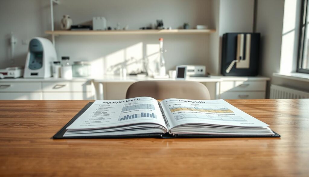A detailed analysis report on impurities presented on a sleek, well-organized desk. In the foreground, a polished wooden table displays an open report binder with visible charts and graphs illustrating impurity limits for heavy metals and residual solvents. In the middle ground, a clean, modern office environment is visible, featuring a minimalist design with neutrality in colors like white and soft gray. Various laboratory equipment and a digital tablet can be seen in the background, suggesting a professional setting focused on quality control and compliance. Soft, natural lighting filters through a nearby window, casting gentle shadows that enhance the atmosphere of careful examination and diligent reporting. The focus is sharp, emphasizing the report while maintaining a clean and sophisticated aesthetic.