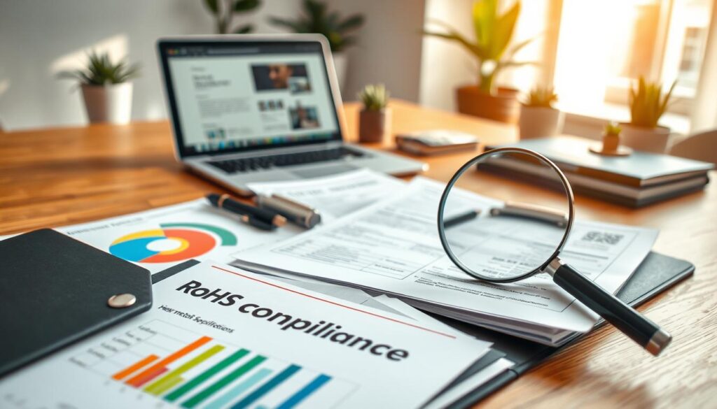 A detailed and organized workspace featuring RoHS compliance documentation scattered over a wooden table. In the foreground, a sleek and well-organized folder labeled "RoHS Compliance" with various colorful charts and graphs illustrating heavy metals monitoring. In the middle, a close-up of a magnifying glass examining a document filled with technical specifications and compliance statements. The background shows a modern office setup with a laptop open to a webpage on regulations, potted plants for a touch of warmth, and soft, natural daylight streaming in from a window, creating a professional and informative atmosphere. The image conveys diligence and thoroughness, emphasizing the importance of compliance in safety and regulation.