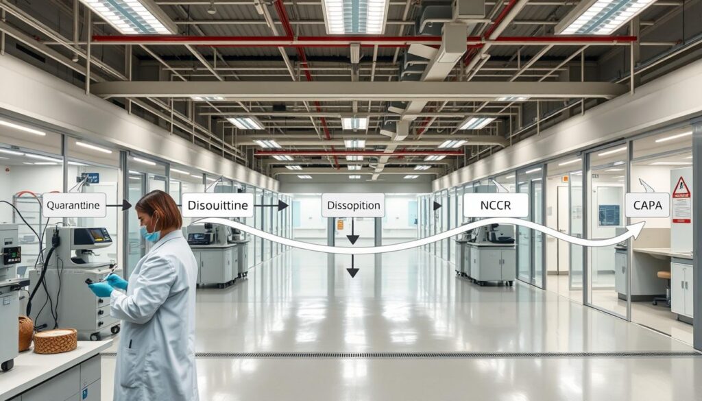 A detailed and structured flowchart illustrating the material quarantine process, set within a clinical inspection facility. In the foreground, a professional in a lab coat examines samples using advanced inspection equipment, surrounded by clearly marked stations for "Quarantine," "Disposition," "NCR," and "CAPA." The middle layer features a smooth, looping path connecting each station, designed with distinct arrows indicating workflow progression. The background shows sterile environments with bright, even lighting illuminating cleaning protocols and safety signage. The atmosphere is calm yet focused, emphasizing precision and compliance. Use a wide-angle lens effect to capture the entire flowchart, ensuring clarity and organization in the visual representation.