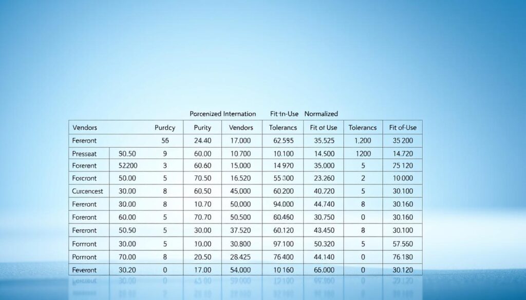 A detailed and visually striking chemical specification comparison table, prominently displayed in the foreground, showcasing side-by-side entries for different vendors. Each entry features columns for purity percentages, tolerances, and fit-for-use evaluations, all while using normalized units. In the middle, a subtle gradient background transitions from light blue to white, creating a clean and professional look. Soft lighting illuminates the table, highlighting the precision of the data, while a slight depth of field blurs the edges of the background. The atmosphere conveys professionalism and clarity, ideal for an informative article section. The overall image exudes a sense of analytical rigor and careful evaluation, inviting viewers to engage with the content visually. A detailed and visually striking chemical specification comparison table, prominently displayed in the foreground, showcasing side-by-side entries for different vendors. Each entry features columns for purity percentages, tolerances, and fit-for-use evaluations, all while using normalized units. In the middle, a subtle gradient background transitions from light blue to white, creating a clean and professional look. Soft lighting illuminates the table, highlighting the precision of the data, while a slight depth of field blurs the edges of the background. The atmosphere conveys professionalism and clarity, ideal for an informative article section. The overall image exudes a sense of analytical rigor and careful evaluation, inviting viewers to engage with the content visually.