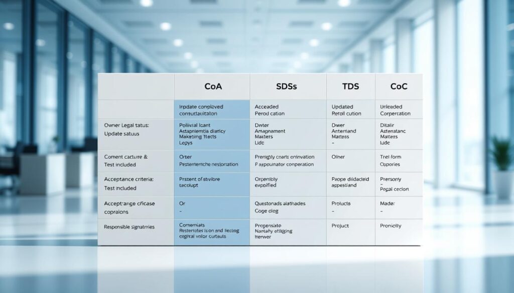 A detailed comparison matrix displayed prominently on a clean, modern digital background, featuring distinct sections for each document type: CoA, SDS, TDS, and CoC. The matrix should clearly categorize information such as owner, legal status, update cadence, tests included, acceptance criteria, and responsible signatories. Use a professional color palette with shades of blue, gray, and white for a corporate feel. The lighting is bright, simulating a workplace environment, with soft shadows to add depth. The perspective should be slightly angled to create an inviting 3D effect, allowing viewers to grasp the information easily. The overall mood is analytical and informative, ideal for an educational article. The image should be free of any text, logos, or watermarks. A detailed comparison matrix displayed prominently on a clean, modern digital background, featuring distinct sections for each document type: CoA, SDS, TDS, and CoC. The matrix should clearly categorize information such as owner, legal status, update cadence, tests included, acceptance criteria, and responsible signatories. Use a professional color palette with shades of blue, gray, and white for a corporate feel. The lighting is bright, simulating a workplace environment, with soft shadows to add depth. The perspective should be slightly angled to create an inviting 3D effect, allowing viewers to grasp the information easily. The overall mood is analytical and informative, ideal for an educational article. The image should be free of any text, logos, or watermarks.