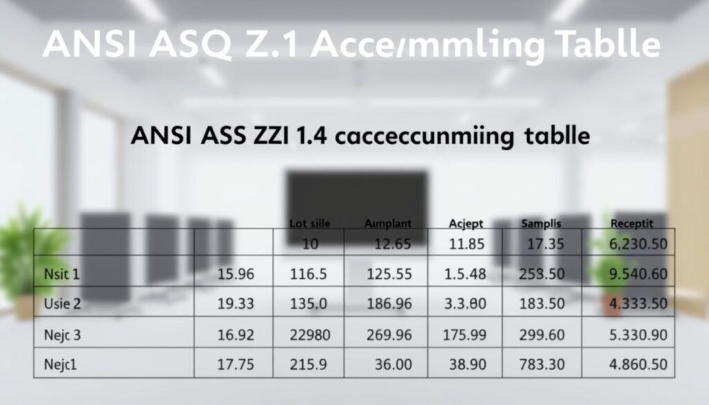 A detailed illustration of the ANSI ASQ Z1.4 acceptance sampling table, featuring a clean, organized layout with distinct sections for lot size, sample size, and accept/reject numbers. In the foreground, crisp table rows and columns are clearly defined, showcasing numerical data in an easily readable format. The middle ground includes a subtle gradient background to enhance readability, while a blurred office setting ensures focus on the sampling table. Soft, diffused lighting creates a professional atmosphere, suggesting a corporate environment. The overall mood is analytical and educational, inviting viewers to engage with the content. The image is devoid of any text, captions, or logos, presenting a polished and informative visual.